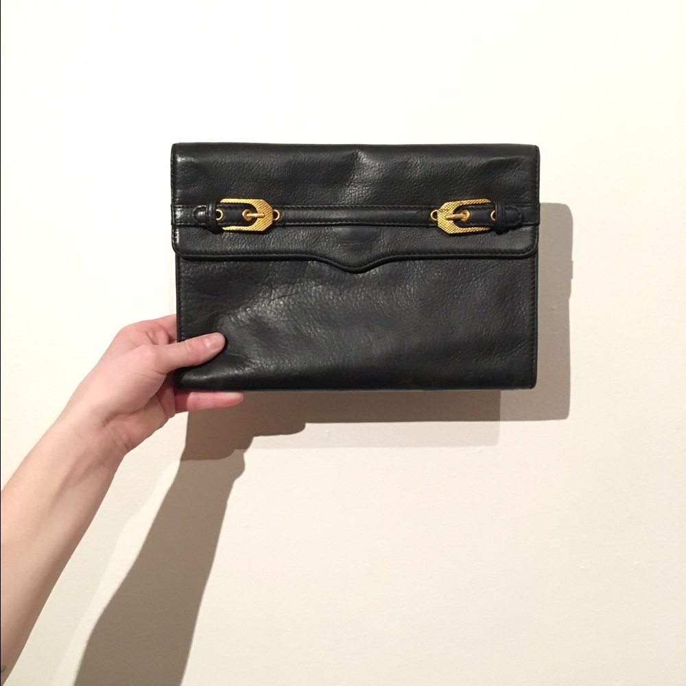 Rebecca Minkoff Black Leather Clutch with Gold Hardware
